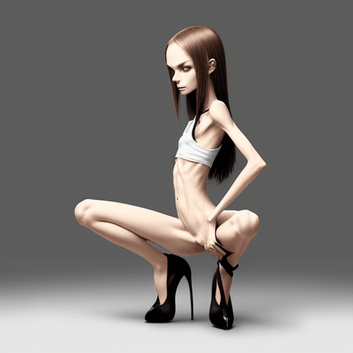 AI generated: squatting position of extreme skinny slender anorexic girl very skinny slender girl, with long curve...