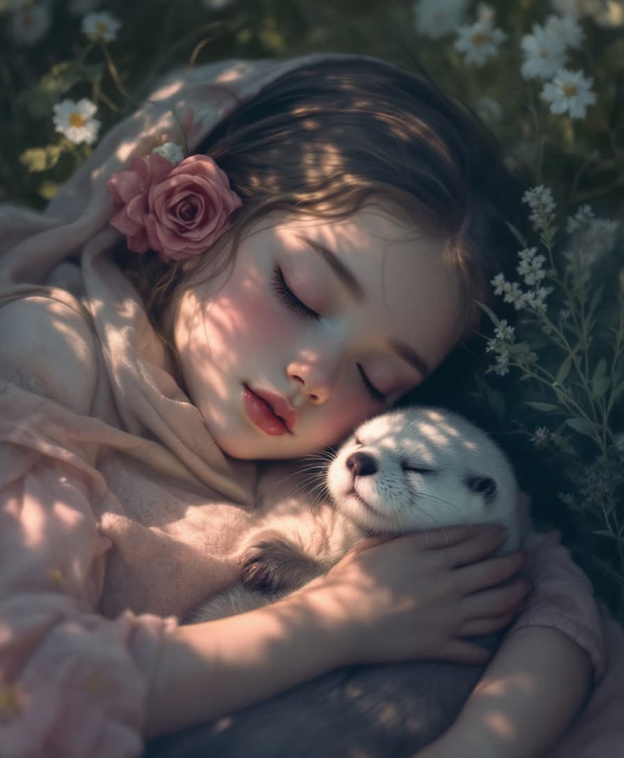 AI generated: Prompt:
Dreamy sleep girl and very tiny sleeping otter Lutra canadensis. Multicolor. --ar 9:16 --sre...