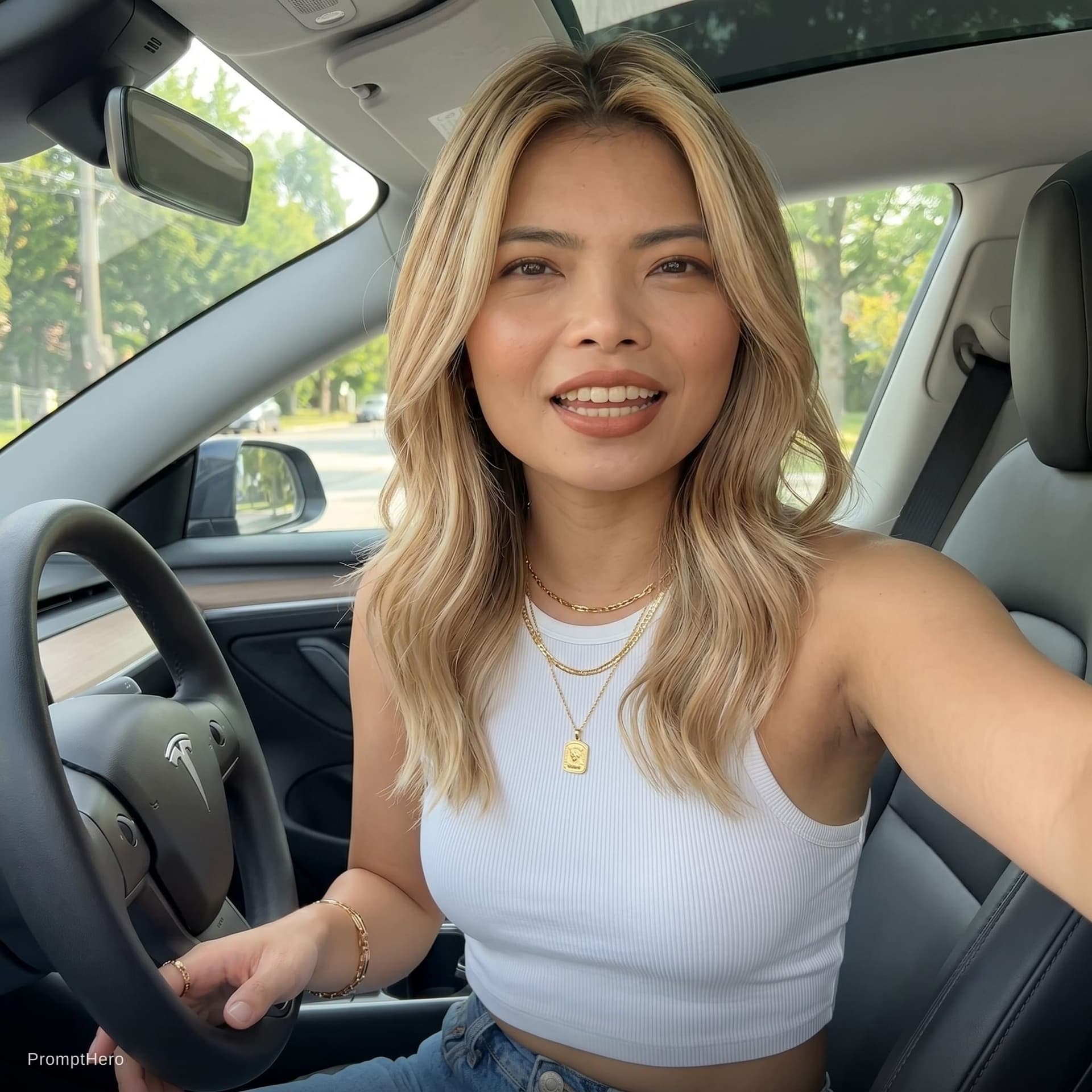 AI generated: this woman, but inside the car in the driver's seat, recording herself in selfie mode