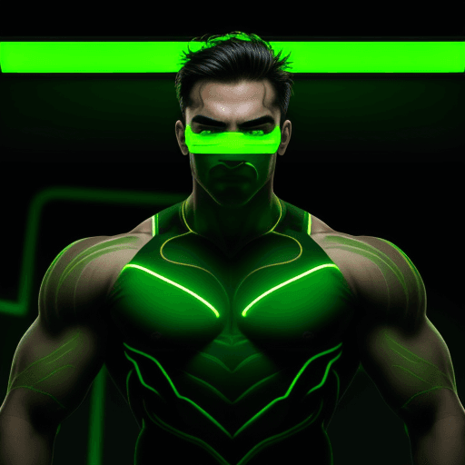 AI generated: A powerful man suspended in the air his body and face displayed with neon green lines and has no det...