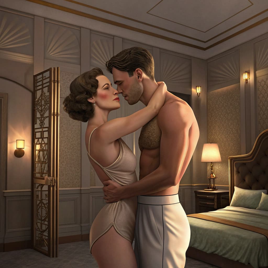 AI generated: A man and a woman couple embraces in an Art Deco bedroom, their bodies in a doggy position displayin...