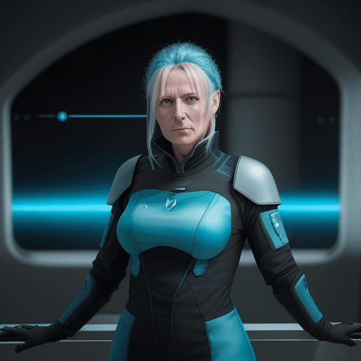 AI generated: sci fi bild, frau, 26 jahre, 1,68, schlank, 58kg, dunkelblau hüftlanges Haar, 
weiß alles besser und...