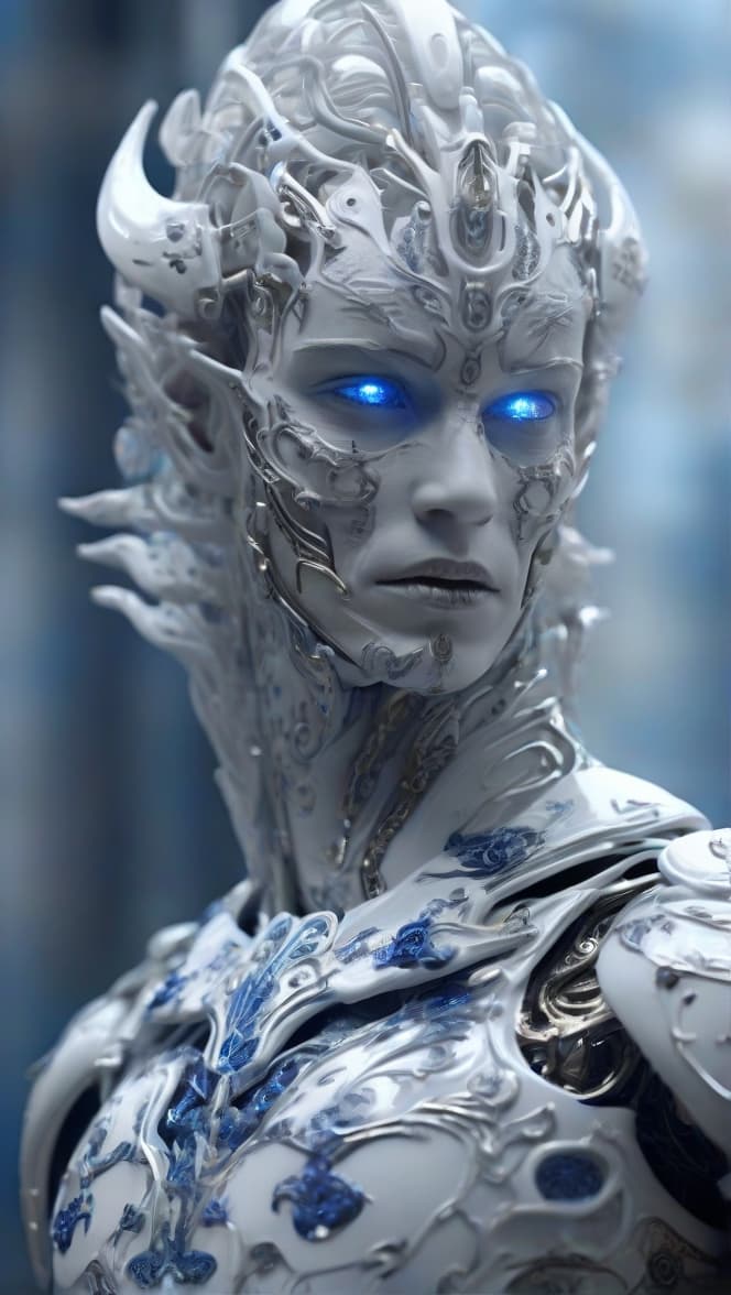 AI generated: humanoid android, covered in white porcelain skin, blue eyes, white wispy ghost wearing ornate armou...