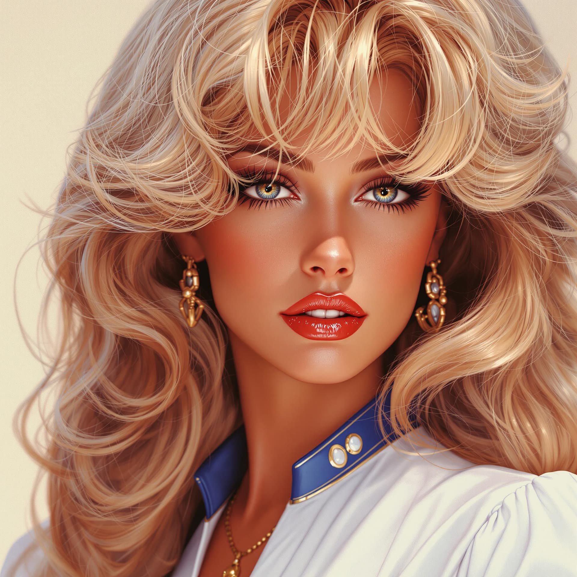 AI generated: a close up of Farrah Fawcett in a white dress with a blue collar, portrait knights of zodiac girl, r...