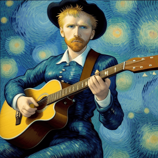 AI generated: A singer playing a guitar in the style of Van Gogh