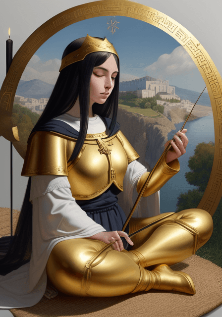 AI generated: Heloise, caricature, landscape agent greek, golden thin sticks in circle, meditating, medival clothe...