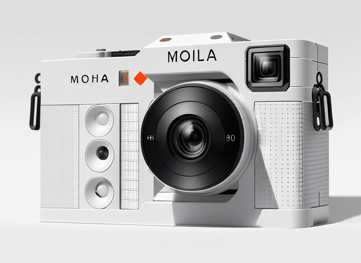 AI generated: Slim cameras, arranged in a grid on a white surface, front view, hyperrealistic, highly detailed, 8K...