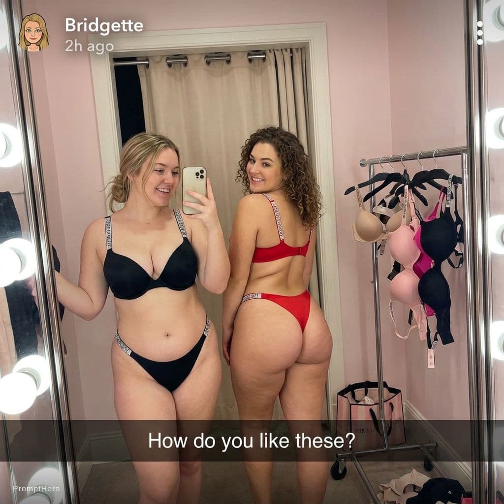 AI generated: Two chubby 21 year old white women take a mirror selfie in a dressing room. The dressing room rack h...