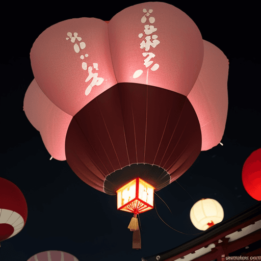 AI generated: Japanese balloon, night, Sakura petals, Japan, tradition 