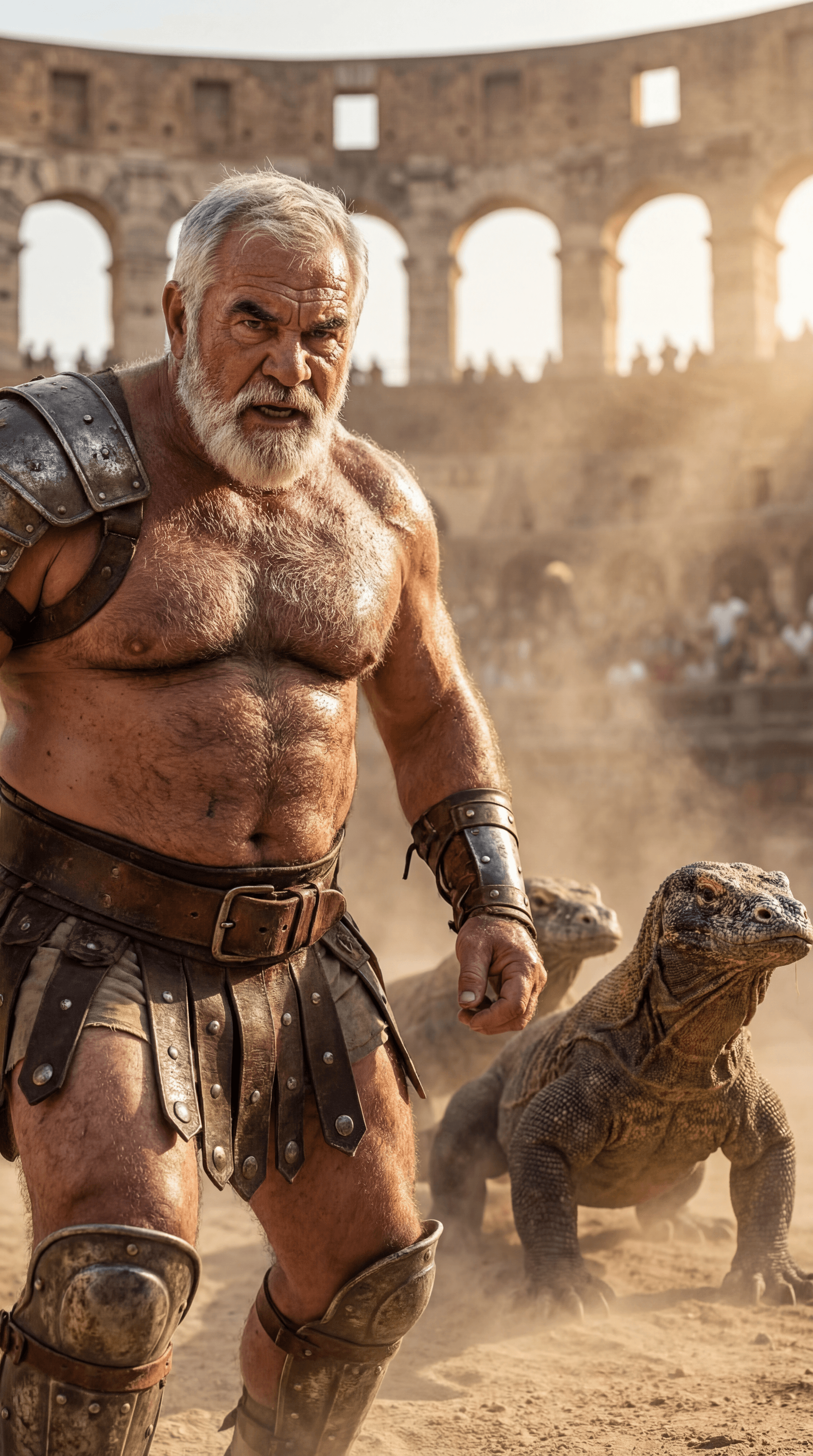 AI generated: Ultra-realistic documentary-style action photography inside the Roman Colosseum, extremely white hai...