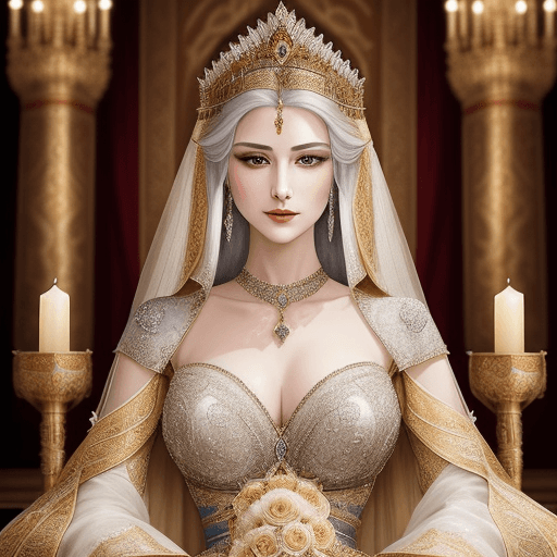 AI generated: On her wedding night, Empress Endra Vaynar exudes a regal elegance, her demeanor blending the joy of...