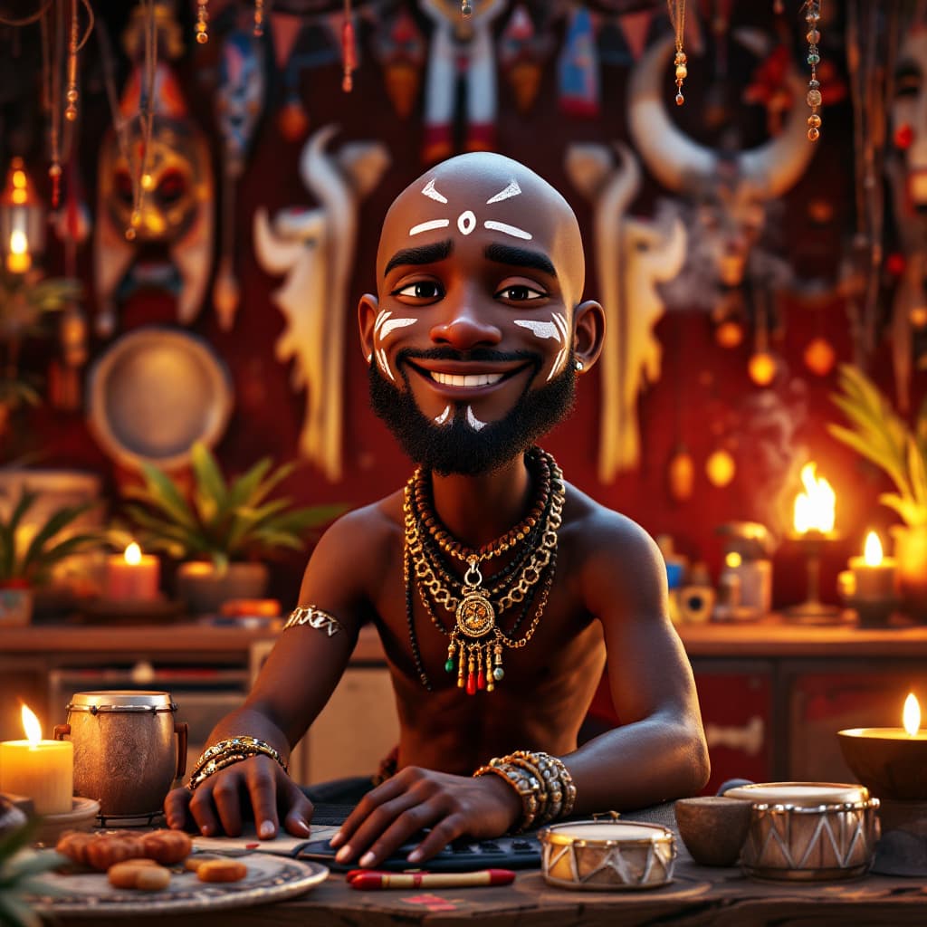 AI generated: a Pixar-style 3D character inspired by a legendary Afrobeat musician, bald head , clean shave,no bea...