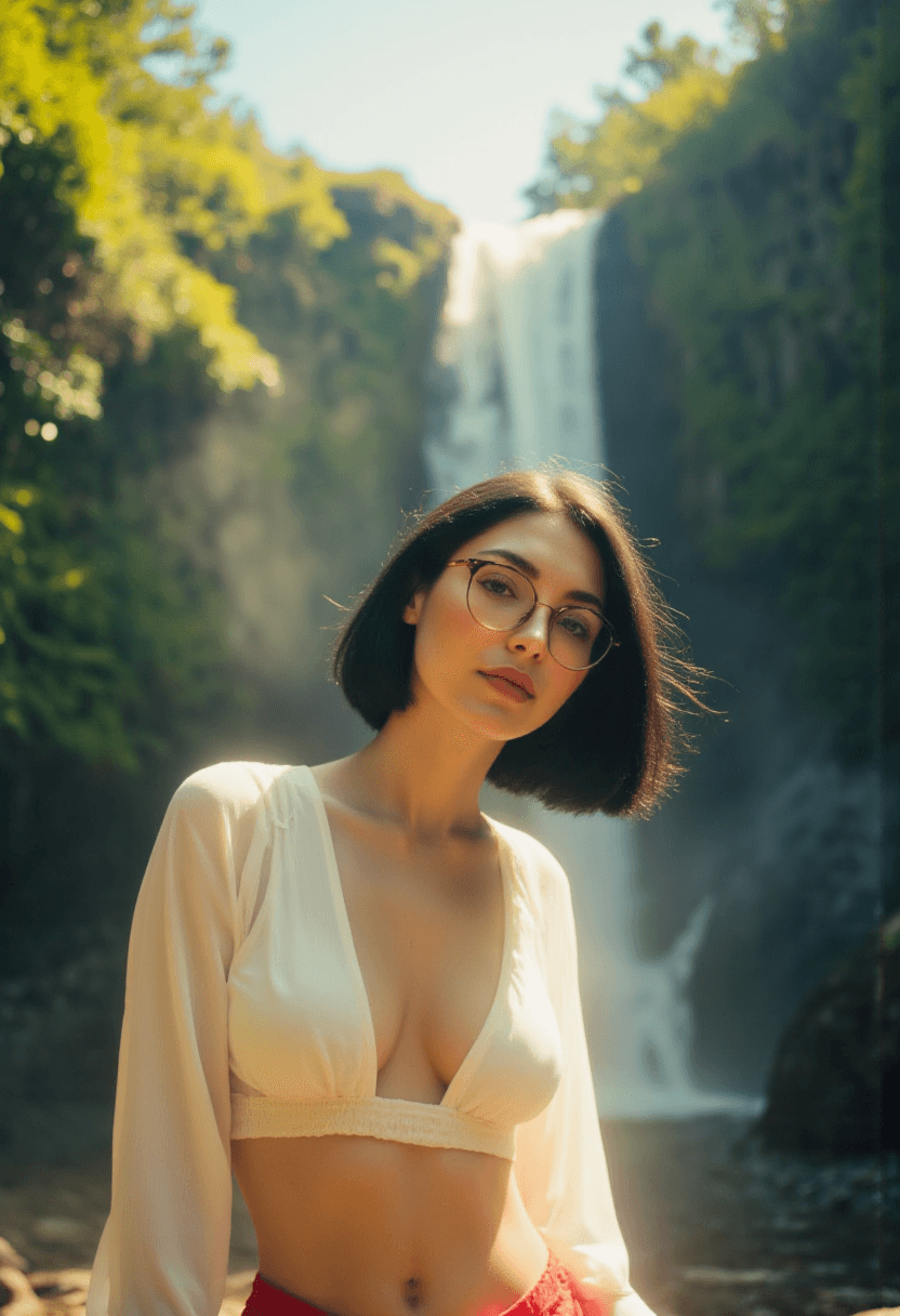 AI generated: A bright, sunlit scene with a warm color palette and soft focus. A young woman, with straight short ...