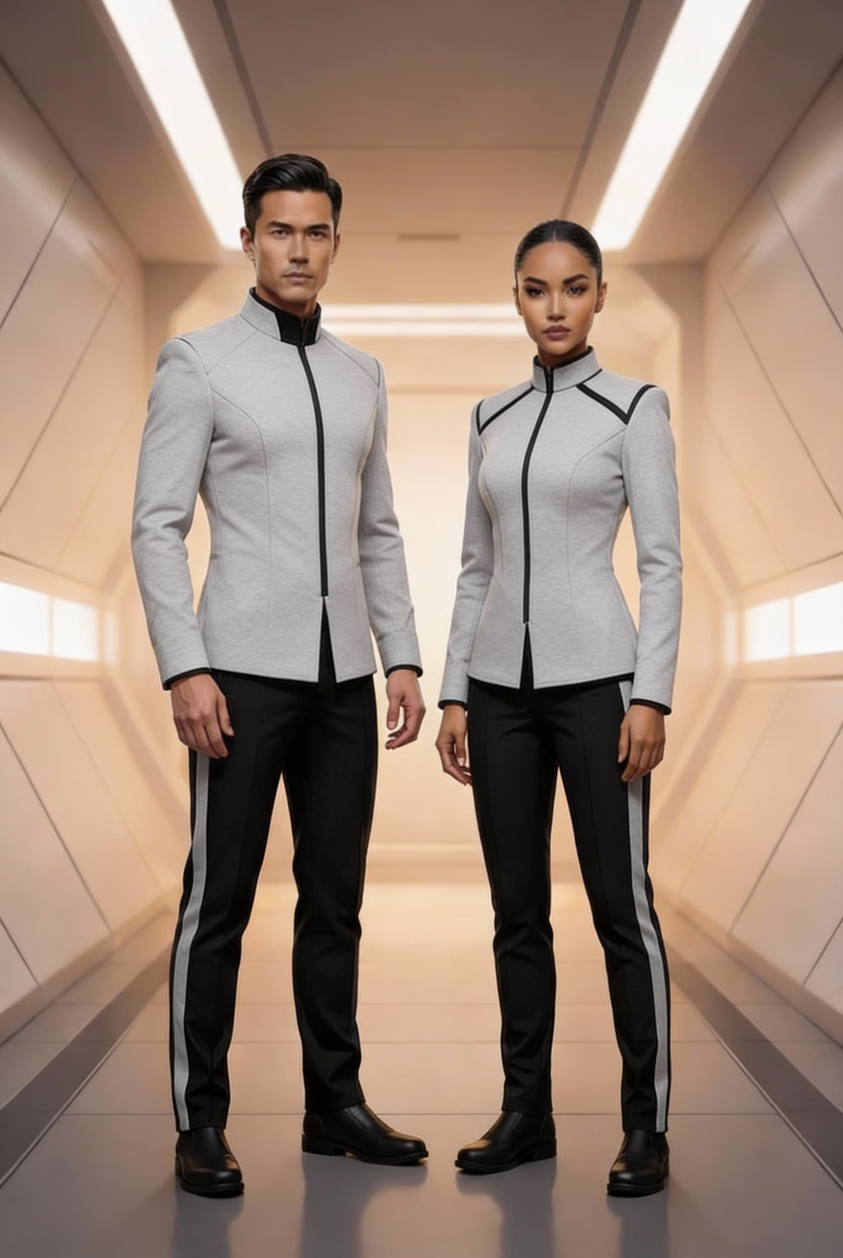 AI generated: Create a Sci-Fi uniform. Use the reference image and turn all red to Grey. The color of the uniform ...