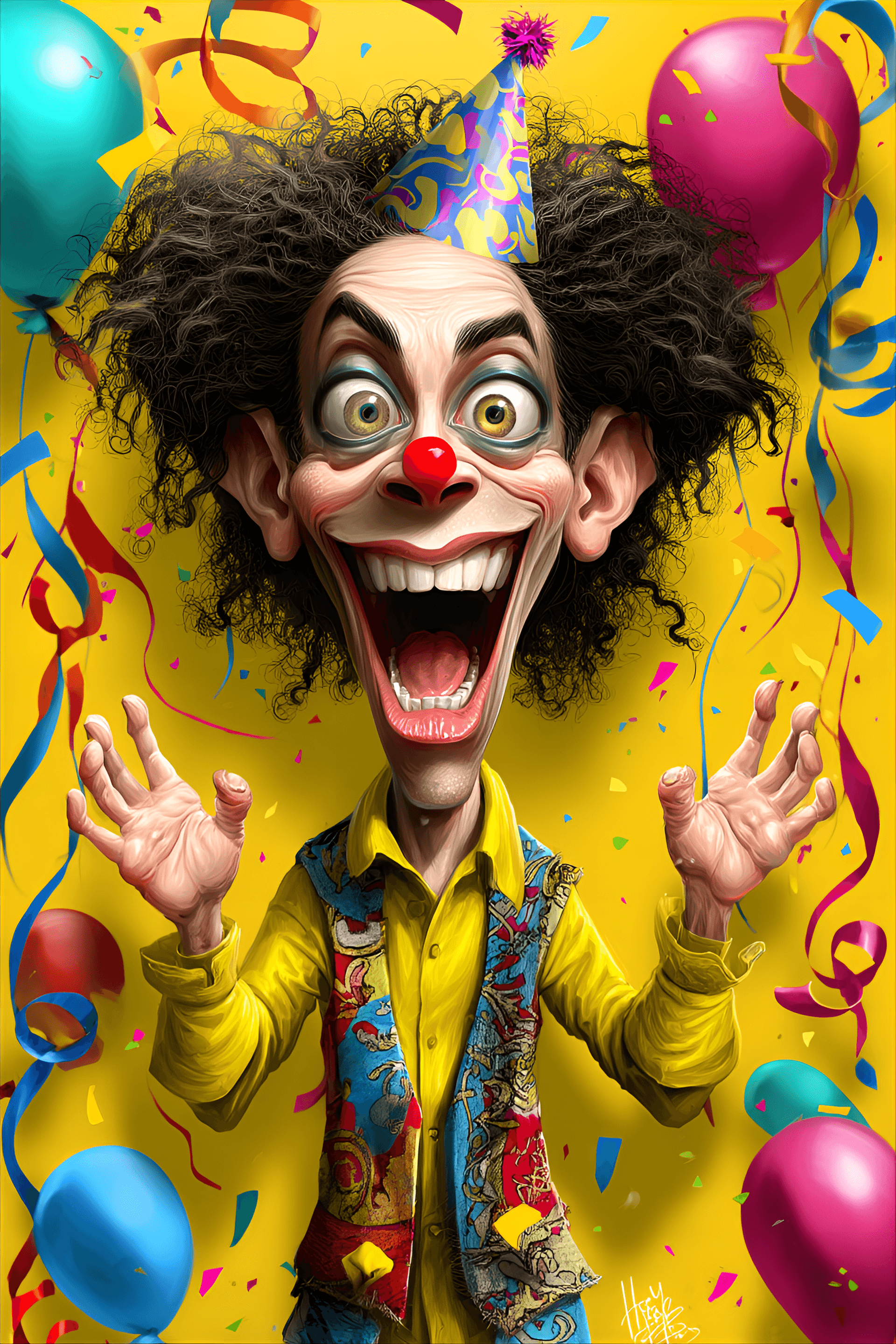 AI generated: funny caricature, manic party clown, 40 years old, wild-eyed, grinning, frizzy-haired, exaggerated e...