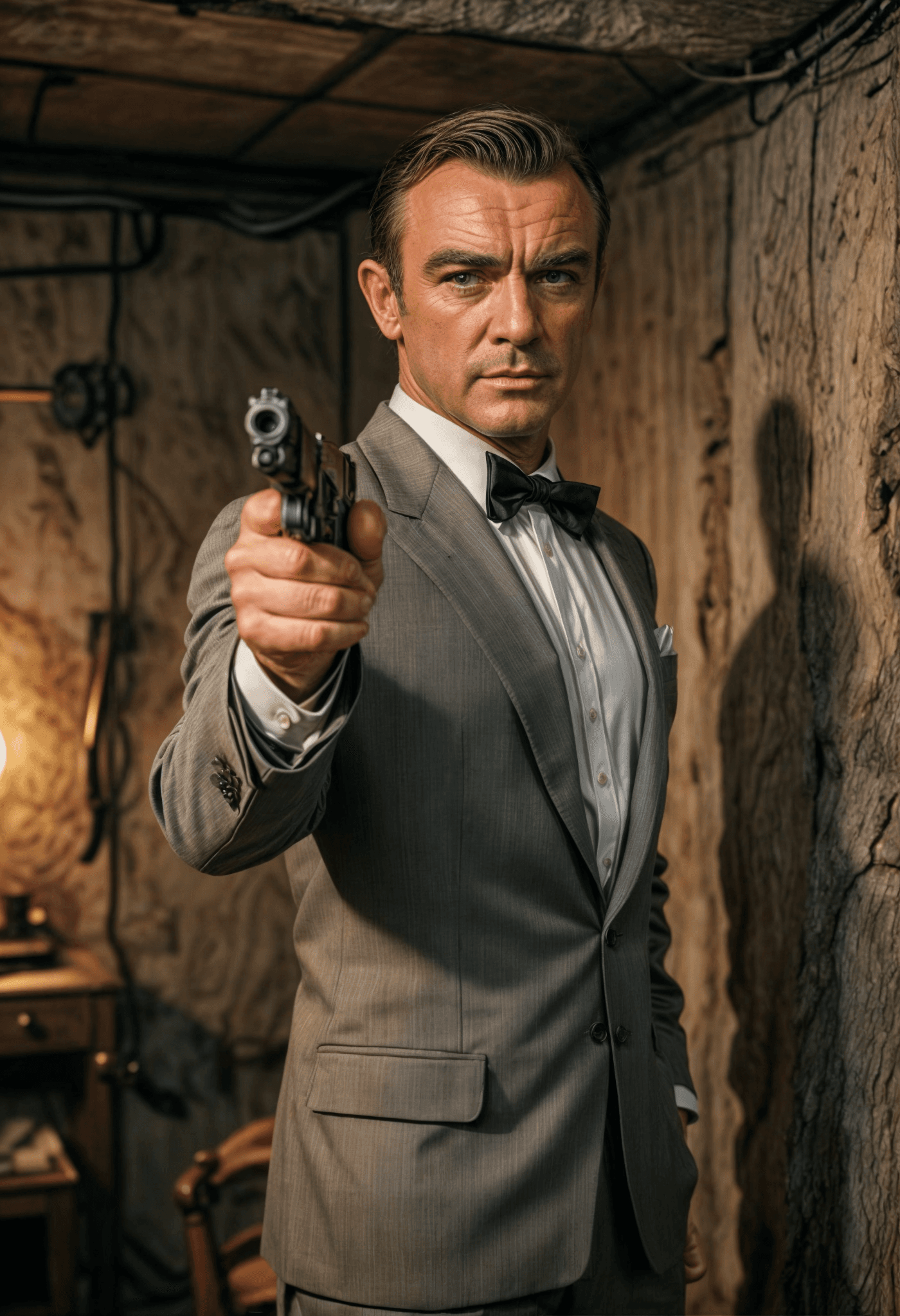 AI generated: a portrait from the young sean connery as james bond,full body with a pistol,  in a secret base