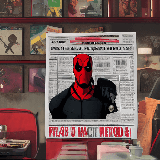 AI generated: portrait512 Deadpool from Marvel in a mask reading (newspaper:0.8) in a diner, a still from the cine...