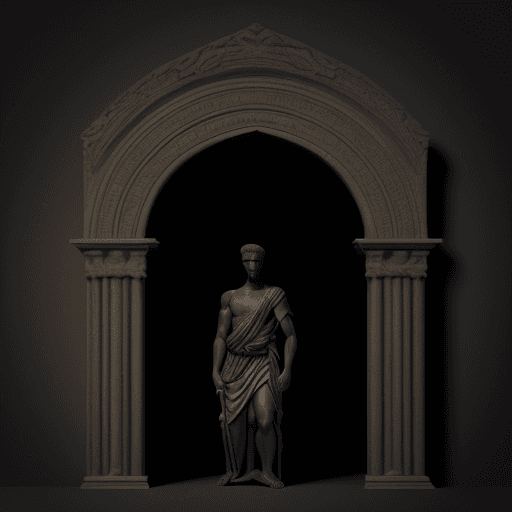 AI generated: stoic figure under a door arch , realistic, dark background