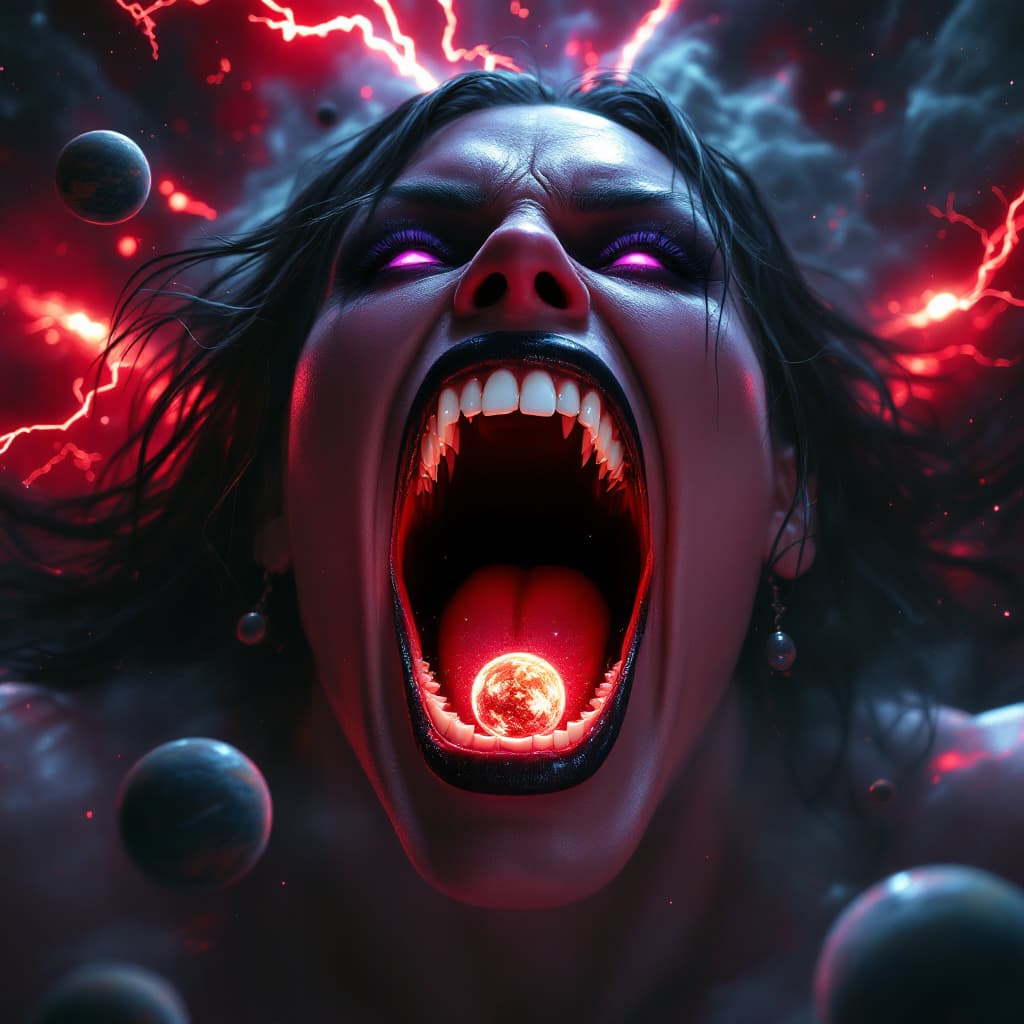 AI generated: enormous giantess Rhea Ripley  from WWE
bigger than a galaxy floating in space, minuscule planets in...