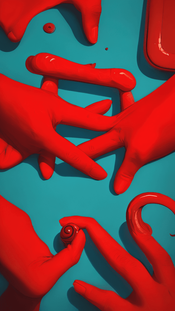 AI generated:  two hands bending down to reach a red object, in the style of vibrant compositions, snailcore, phot...