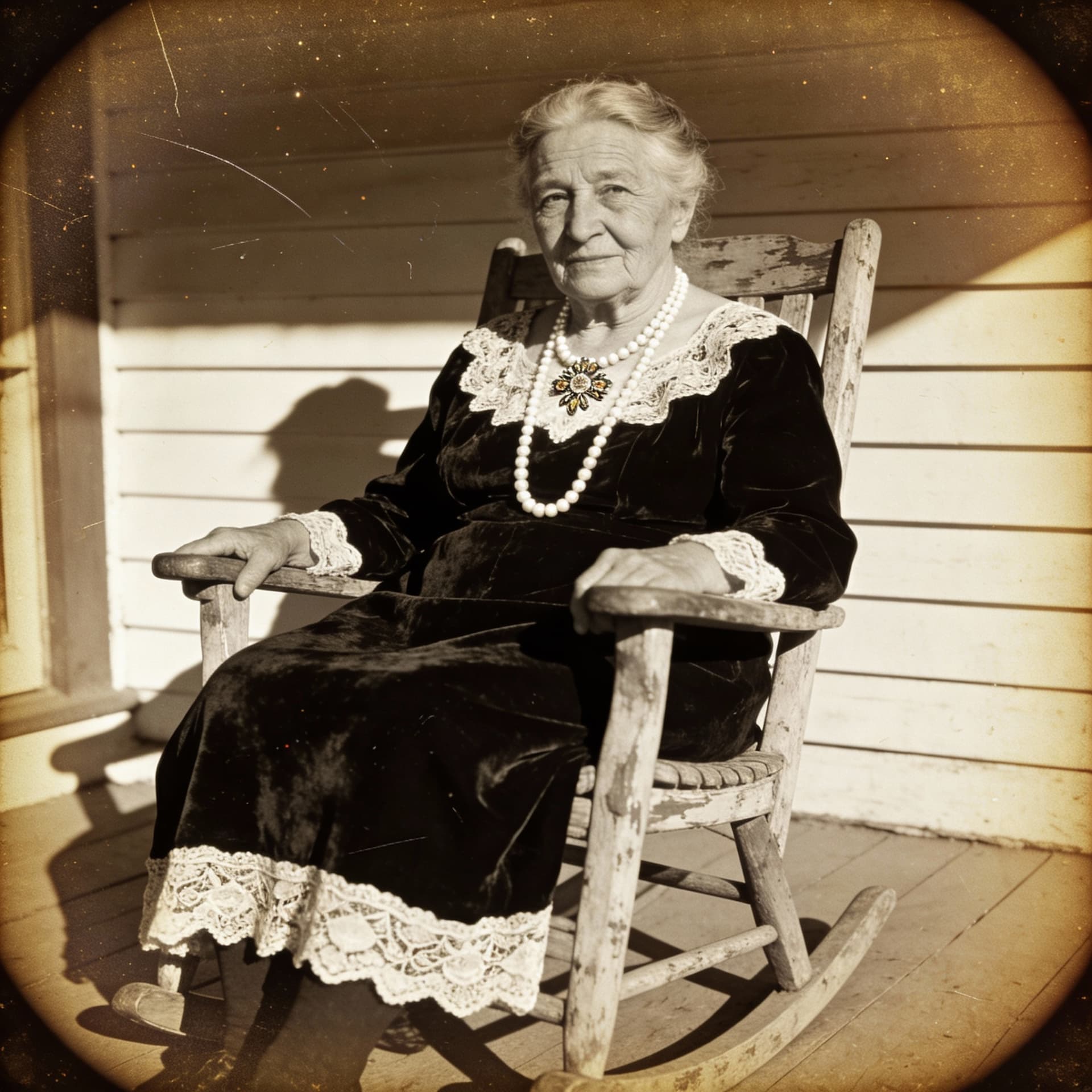 AI generated: sepia image oma sitting in rock chair on porch dressed in black gown decorated whit white lace velve...