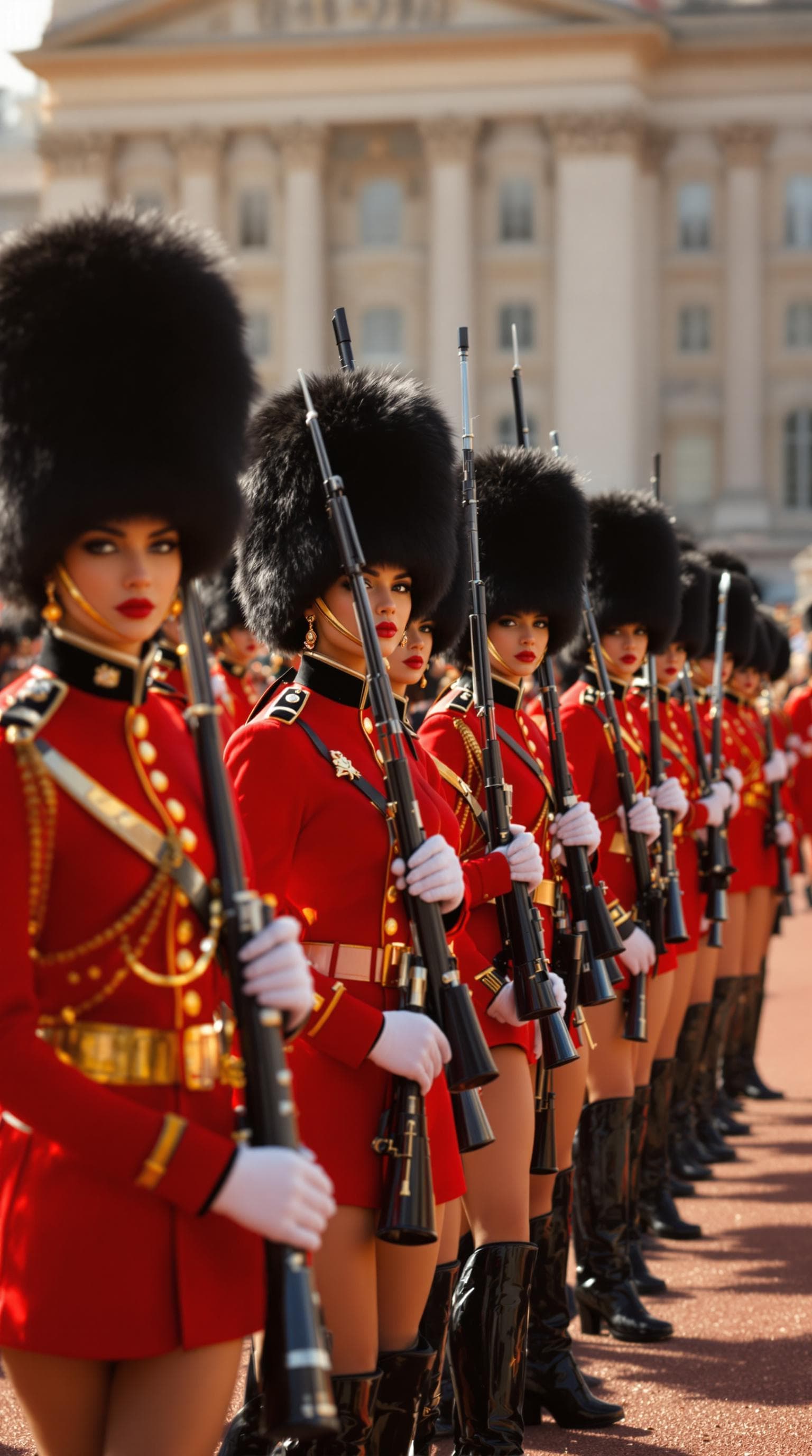 AI generated: A regiment of beautiful super curvy British female soldiers in the iconic short red and black unifor...