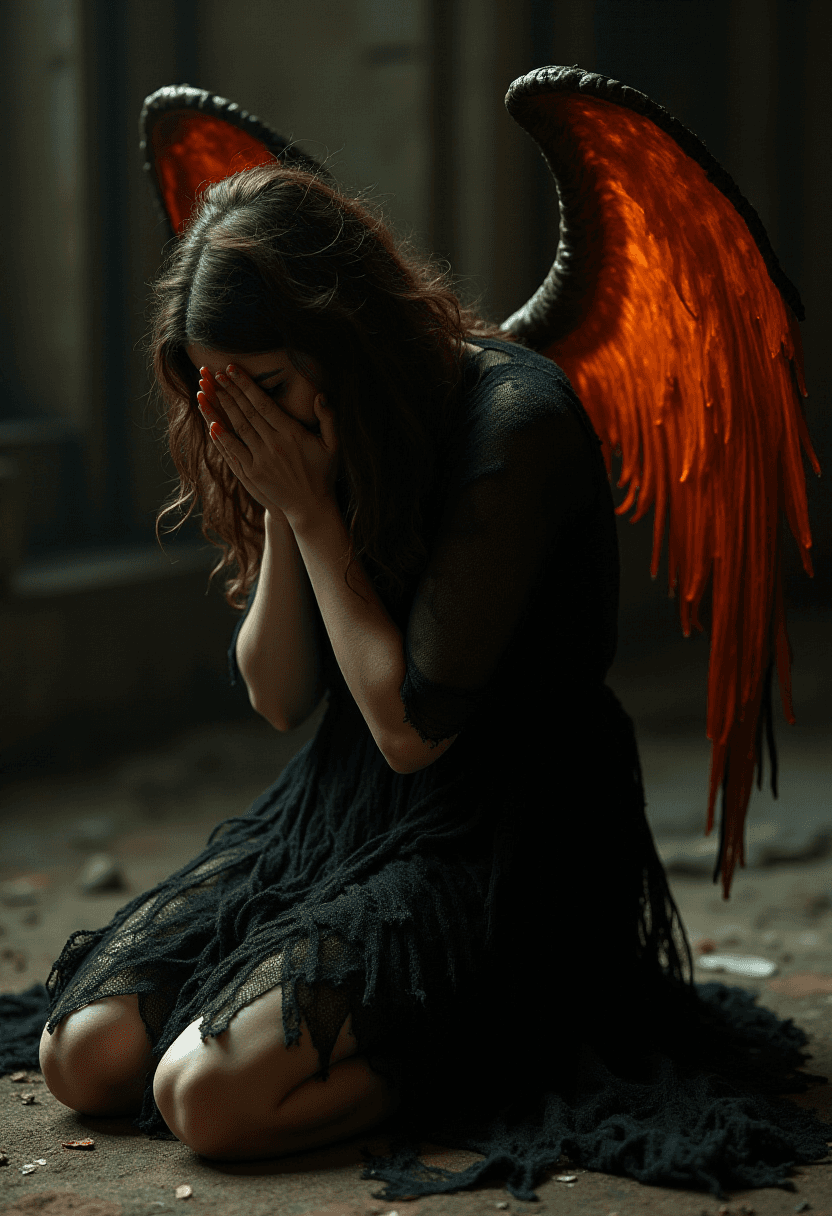 AI generated: a depressed gothic female angel with electric orange Drana's Emissary kneeling down praying for forg...