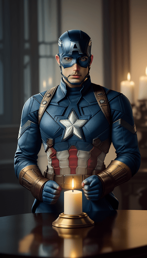 AI generated: Candle on the table with the design and character of Captain america The Candle is gold and Blue dar...