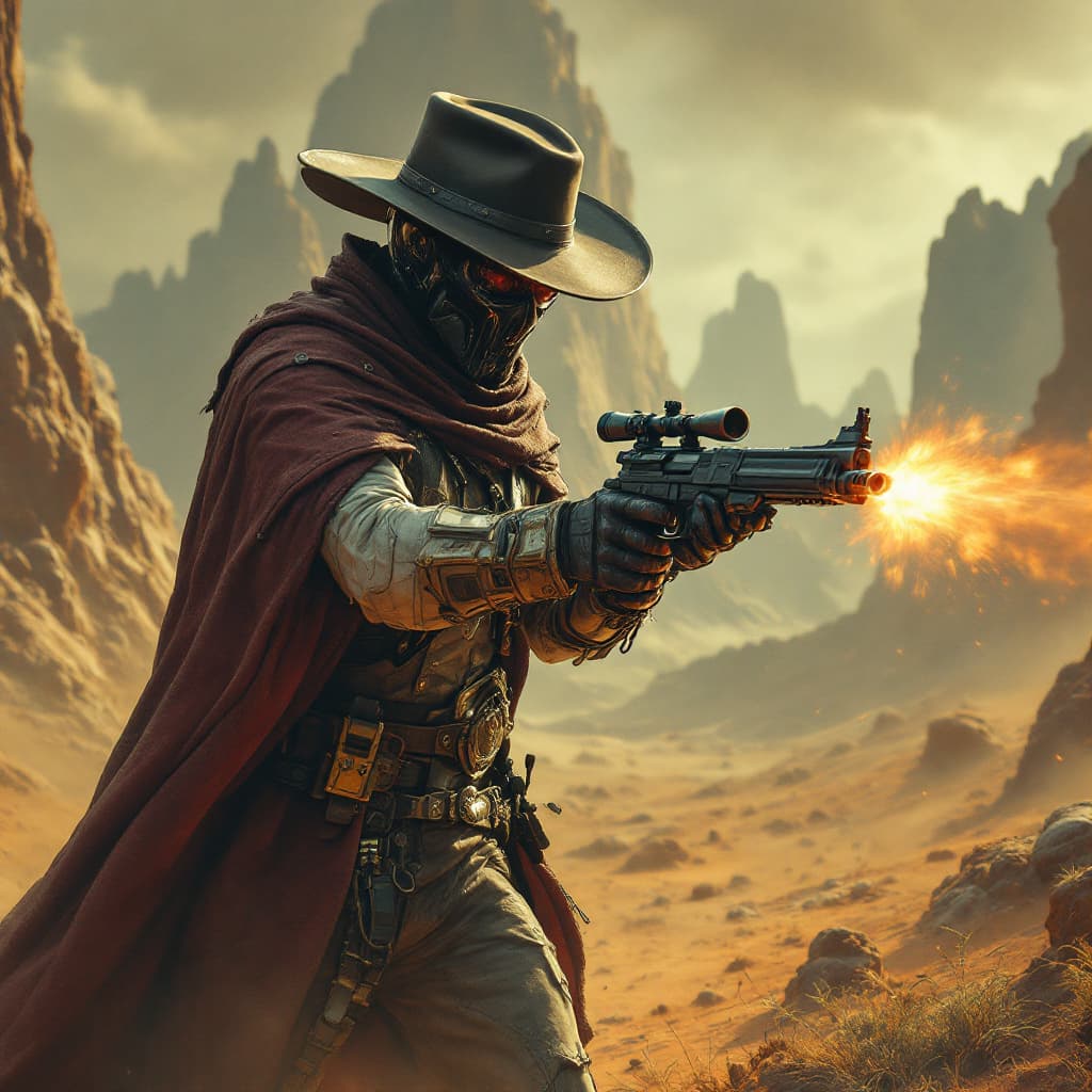 AI generated: a bad guy  cowboy getting shot on an alien planet