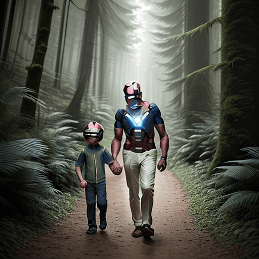 AI generated: Capture the juxtaposition in a single frame: A father and his young son strolling through the depths...