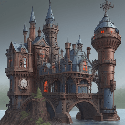 AI generated: Steampunk Castle, Victorian Architecture, Rustic, Blue, Gray, Red, Mechanical Bridge, Castle wall ma...