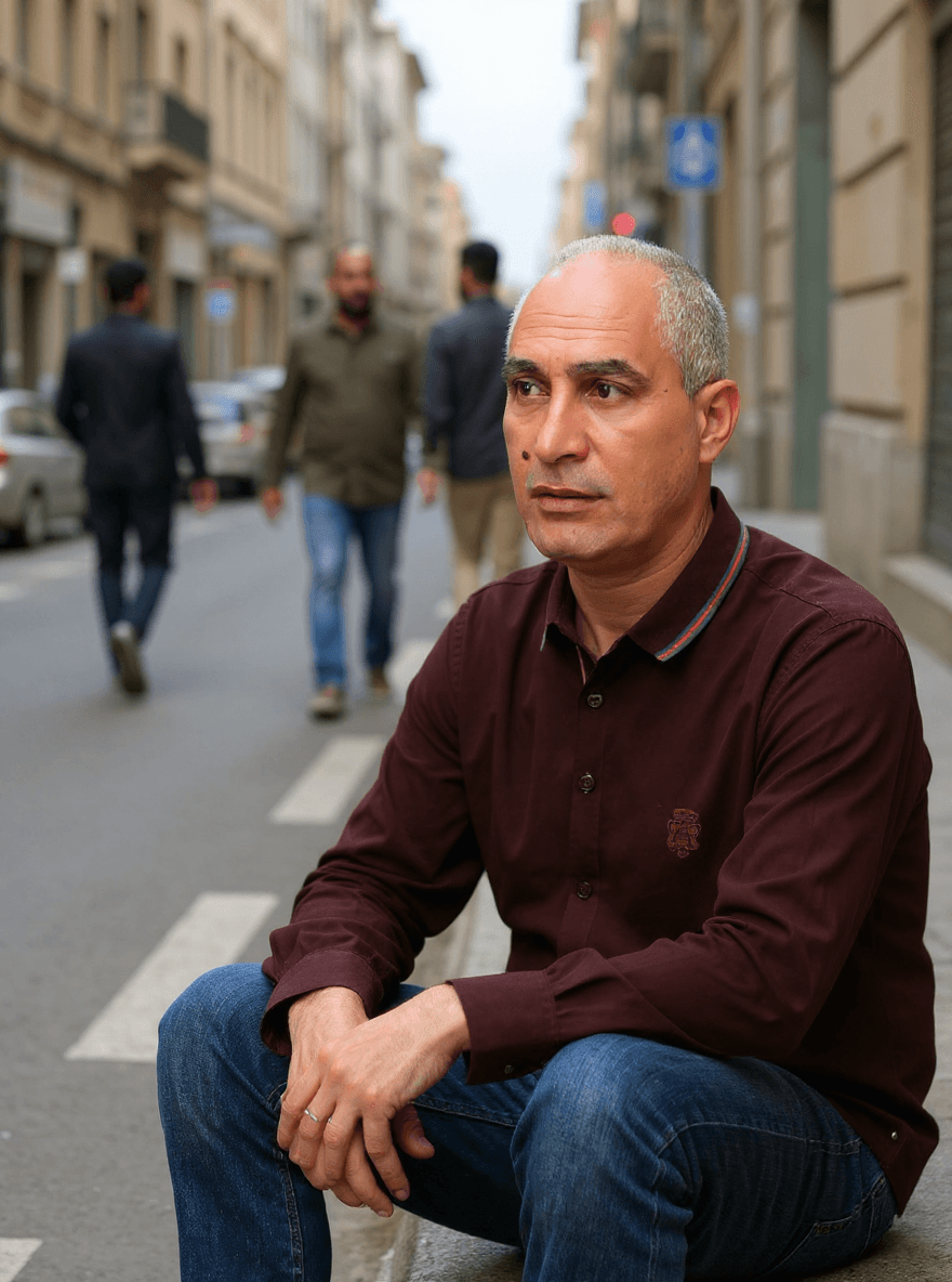 AI generated: A sad man sitting on the sidewalk of one of Cairo's streets, looking at the passersby, including the...