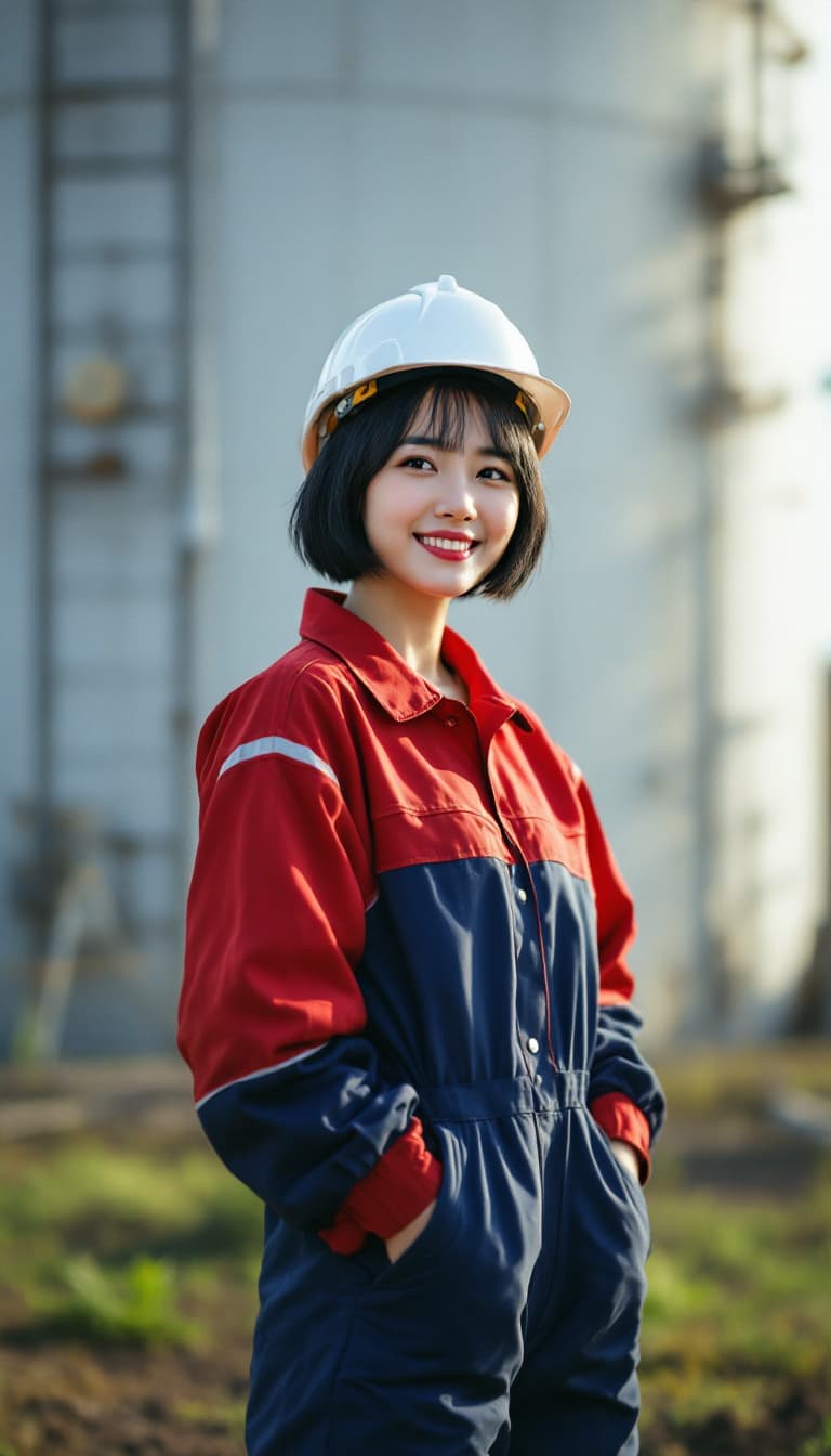 AI generated: A korean woman with black short hair, and a worn a red blue safety coverall for oil and gas working ...