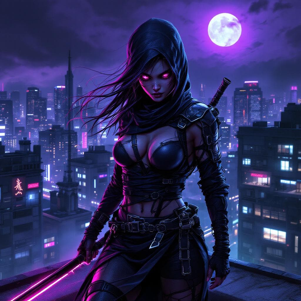 AI generated: neonpunk style Digital artwork, concept art, a female ninja, standing on rooftop with a dark dystopi...