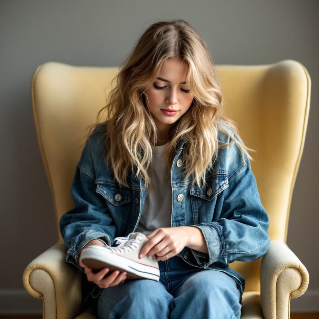 AI generated: A blond girl sitting on a chair taking her converse off