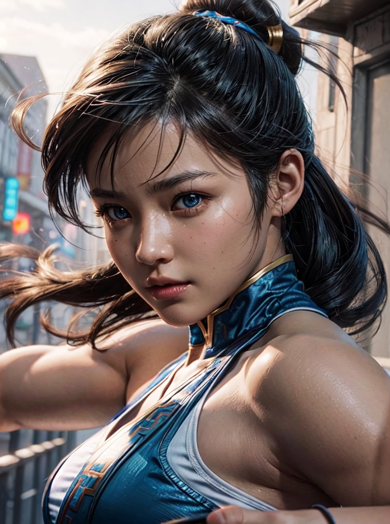 AI generated: Street Fighter, Chun-Li, detailed face by greg rutkowski and magali villanueve, beautiful eyes, tone...