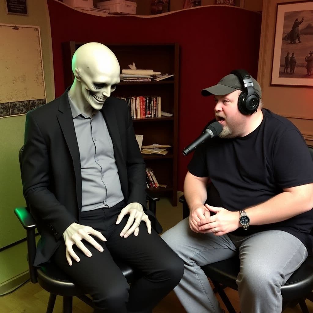 AI generated: Joe Rogan on set with slenderman, horror, unsettling, the shmiggle experience