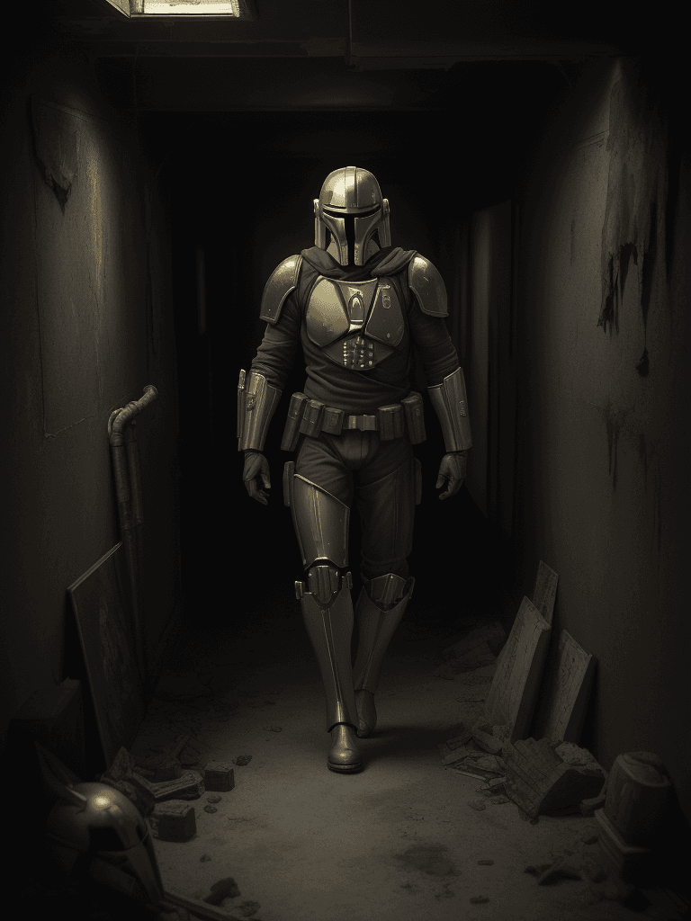 AI generated: A haunting scene of a mandalorian with a golden armor| golden armor(glowing eyes:1.2)| Staggering th...