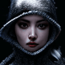 AI generated: cinematic portrait, dark theme, frost, future, snow, ice, sharp photo focus, street, symmetrical fac...