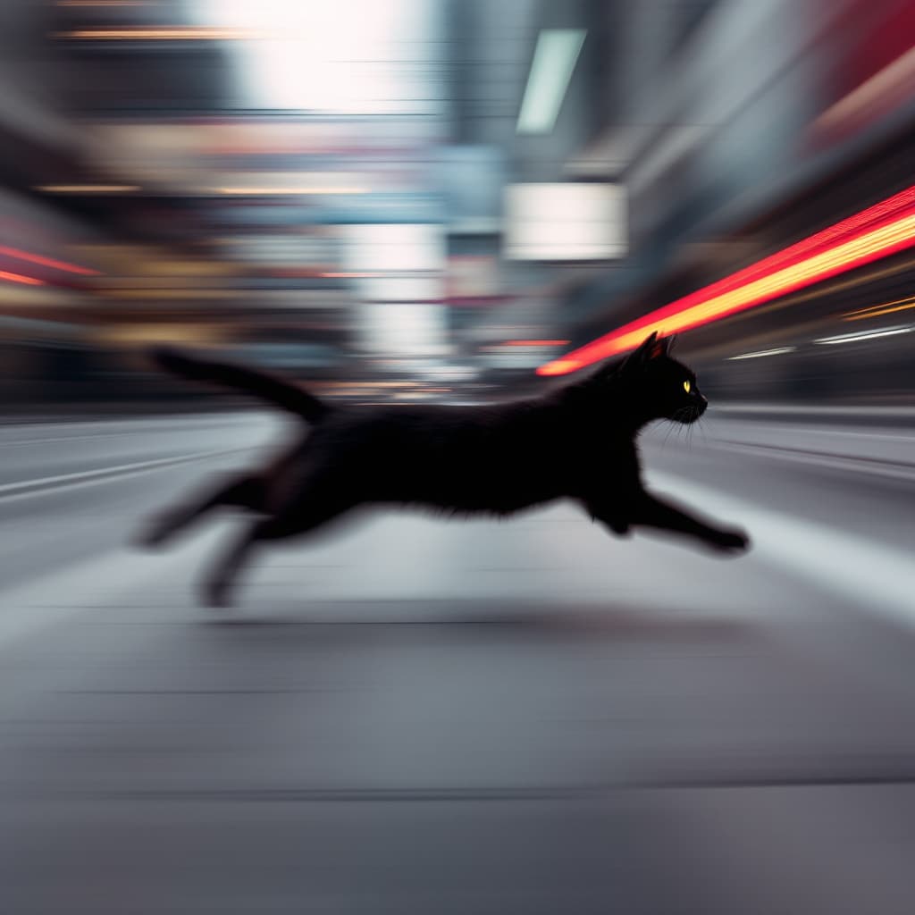 AI generated: conceputal image, commercial, rapid red line theme, wide shot, passing by a running black cat blurri...