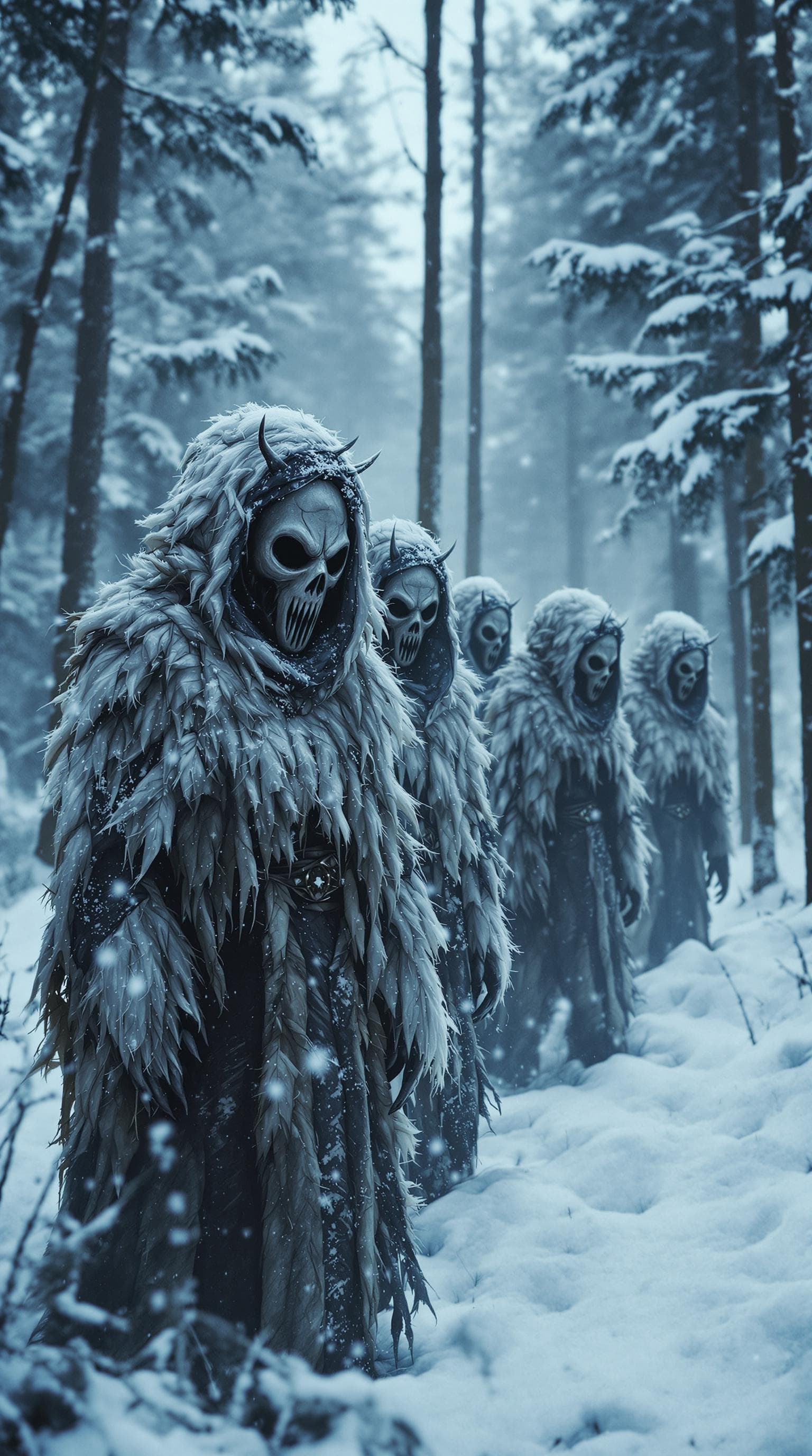 AI generated: A haunting scene in a snowy forest during winter, a group of figures wearing eerie, tribal masks and...