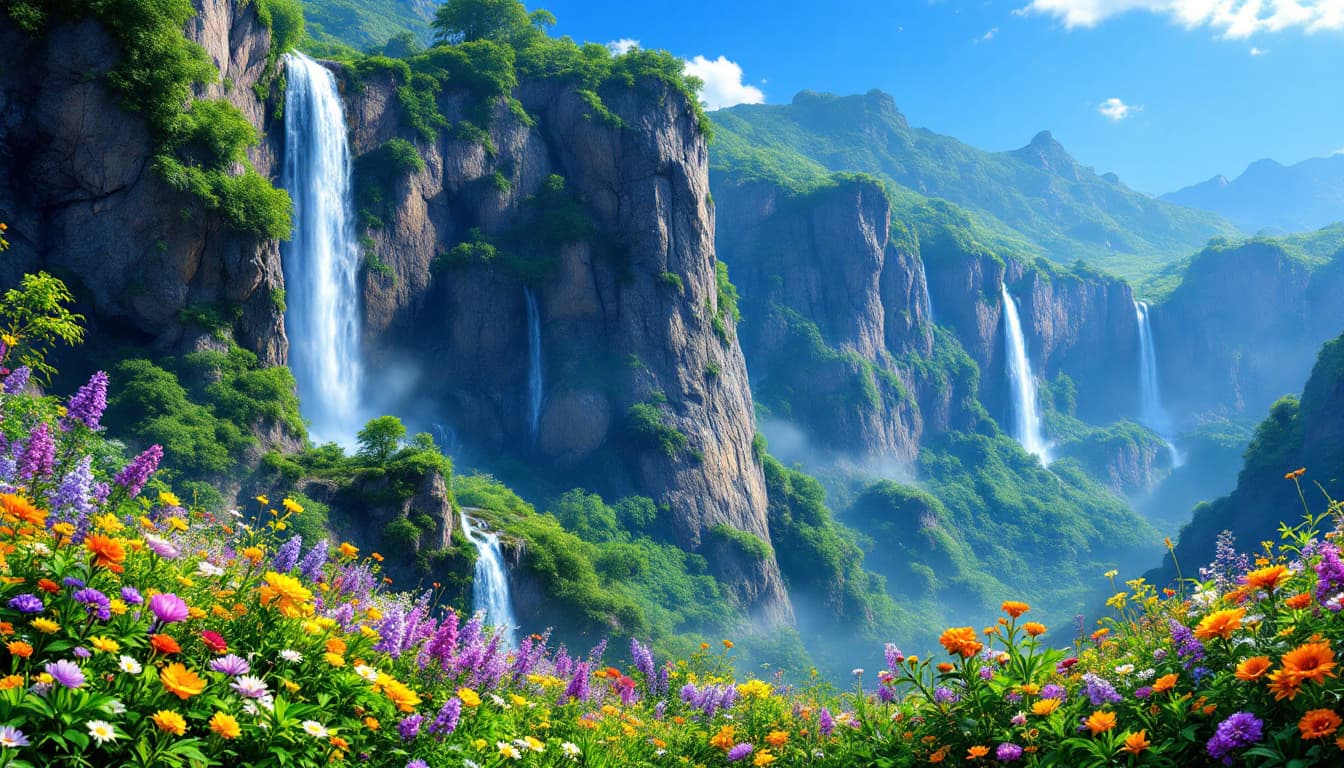 AI generated: Digital artwork depicting a breathtaking landscape with a vibrant and colorful style. The scene feat...