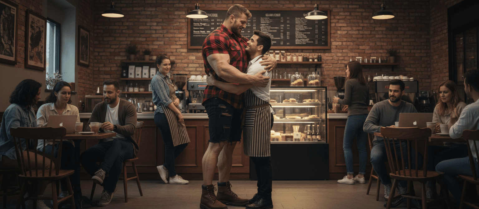 AI generated:  At a coffee shop the bodybuilder with a few customers around There's a bodybuilder 6'4" tall, he ha...