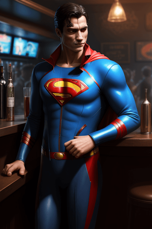 AI generated: A cat is smoking in a bar, hyperrealistic futuristic wearing superman jacket, , 8k, artstation
