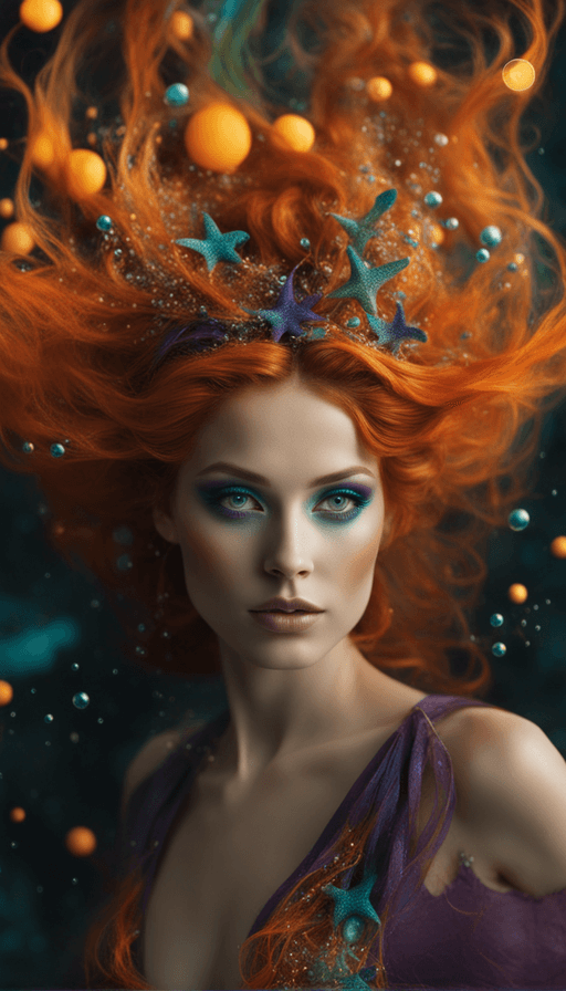 AI generated: Frontal portrait of a whimsical and colorful woman resembling a mermaid or siren. Fair complexion, y...