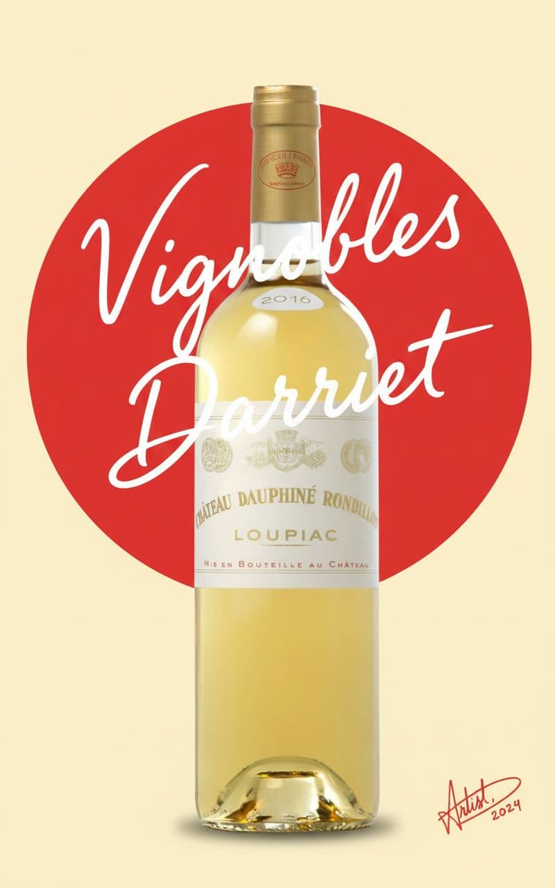AI generated: bright red circle reminiscent of the vignobles Darriet logo's color and shape. The white script of t...