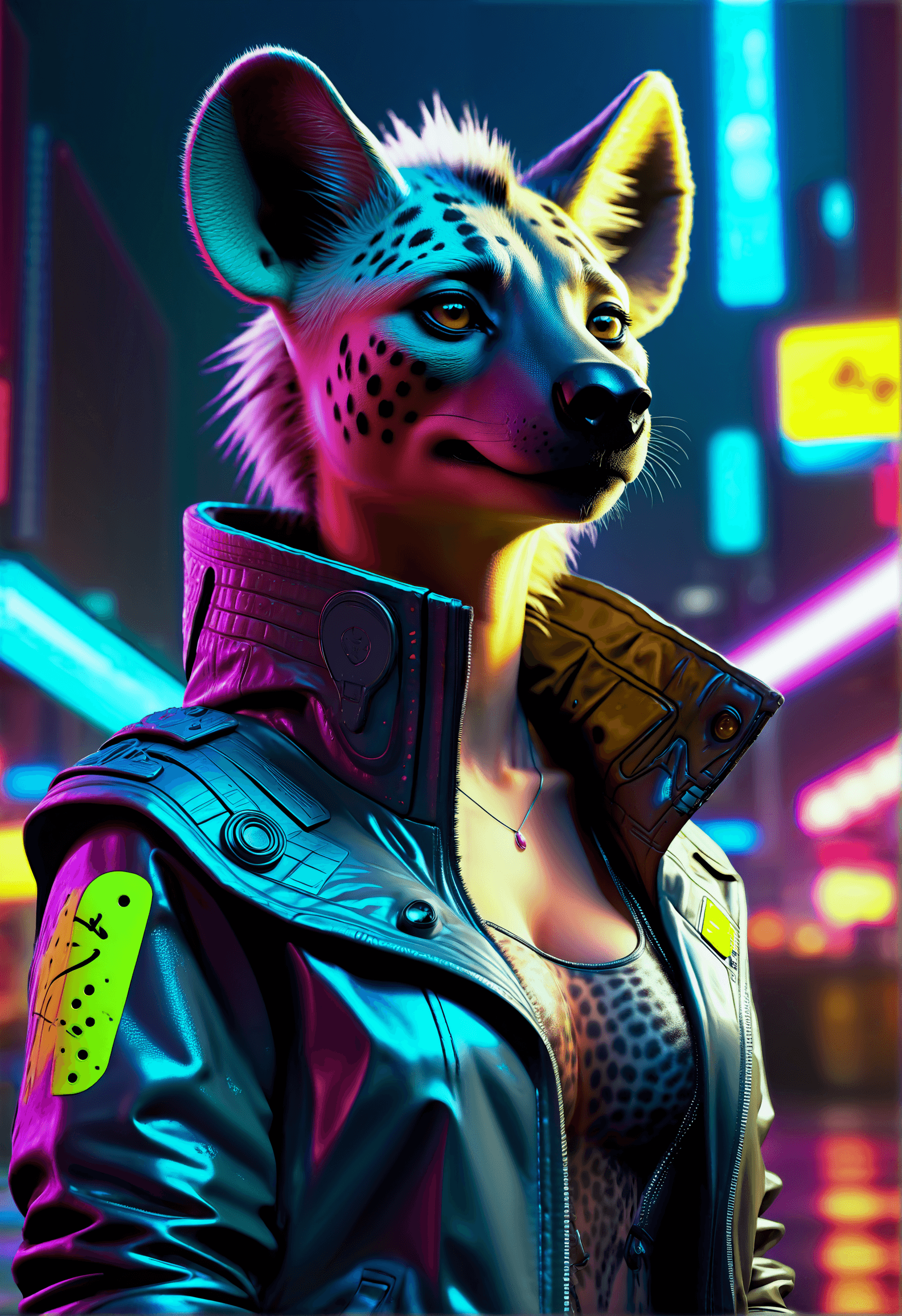 AI generated: digital artwork of anthromorphic hyena female, fursona, furry fandom, neon rainy cyberpunk setting, ...
