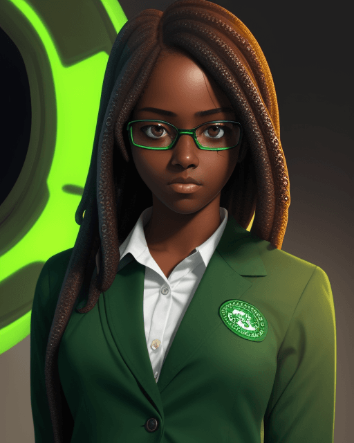 AI generated: tentacles, high school student attire, green, woman, dark skin, high tech, glasses