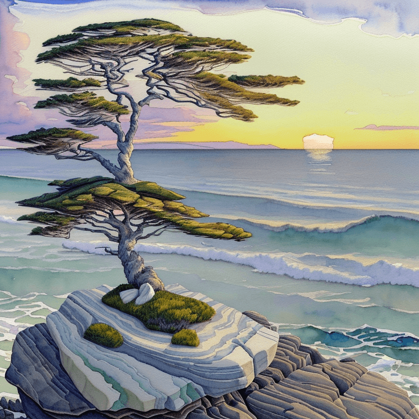 AI generated: a painting of a tree sitting on top of a rock, a watercolor painting, inspired by Arthur Lismer, cg ...