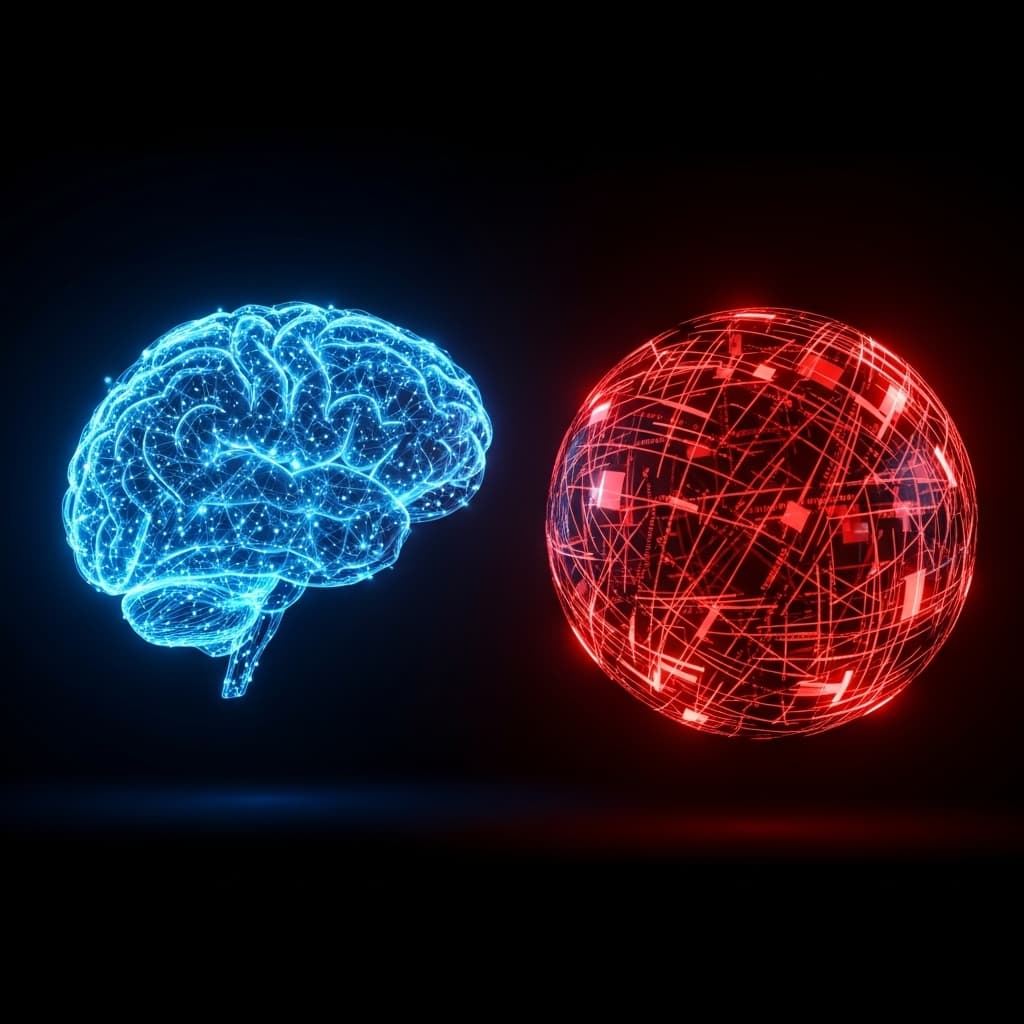 AI generated: two glowing orbs, one blue representing a brain made of neural connections, one red made of digital ...